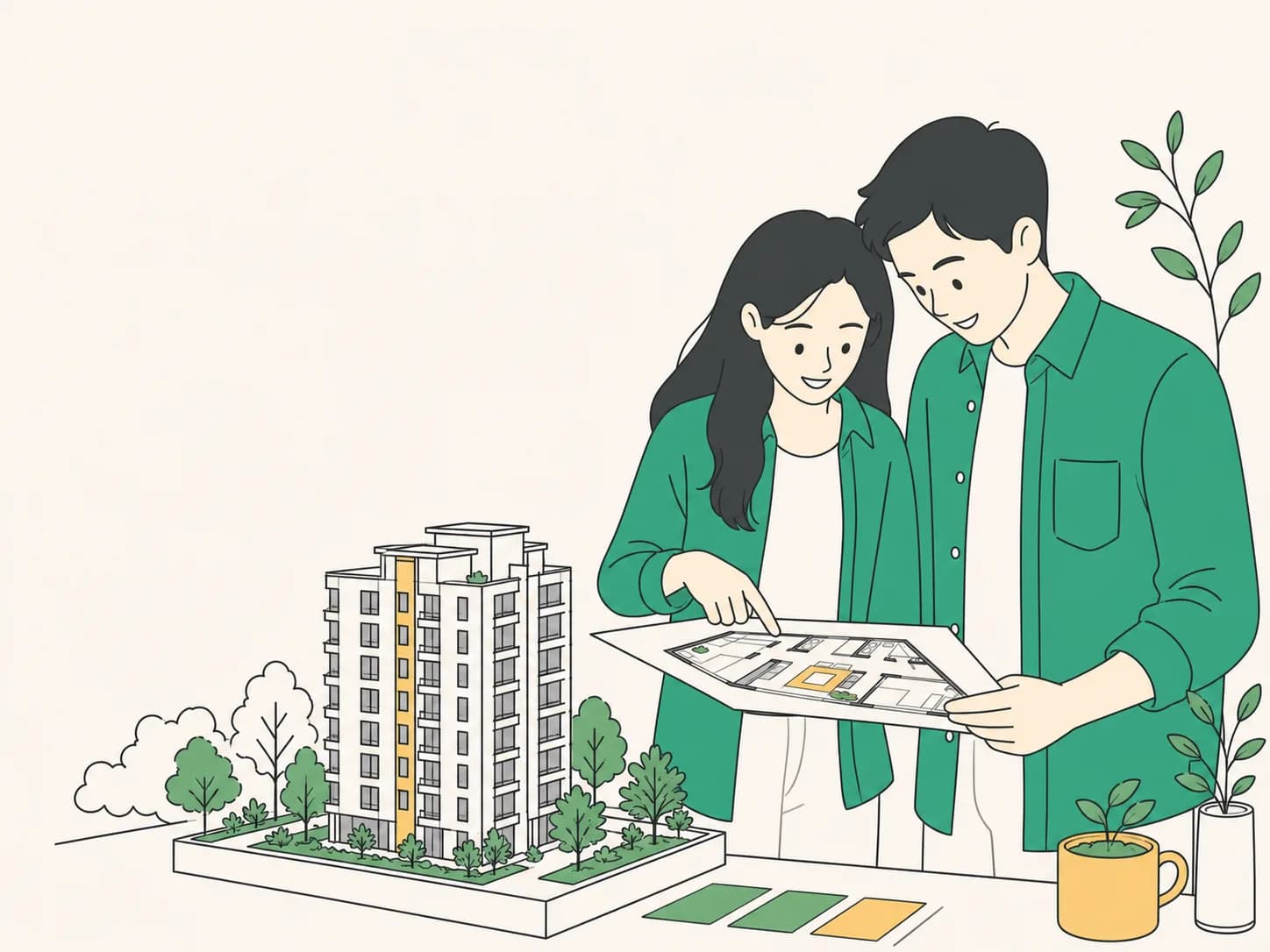 Cặp đôi cùng xem mặt bằng căn hộ tương lai